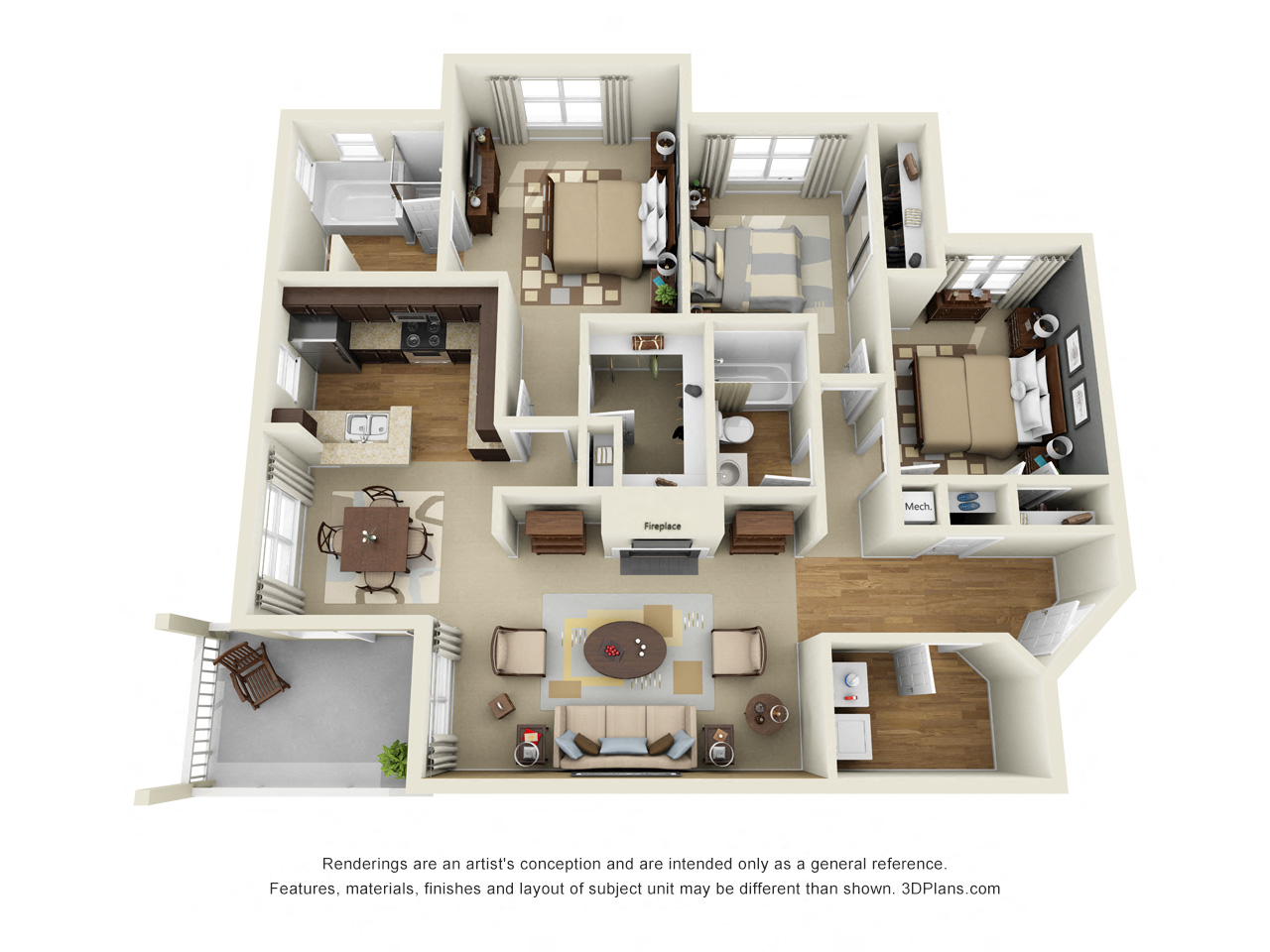 Floor plan for 3 beds, 2 baths, 1448 sqft